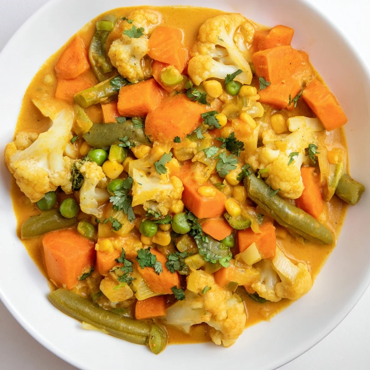 Aromatic Veggie Coconut Curry: Vibrant vegetables bathed in creamy coconut milk, ready to serve and enjoy.