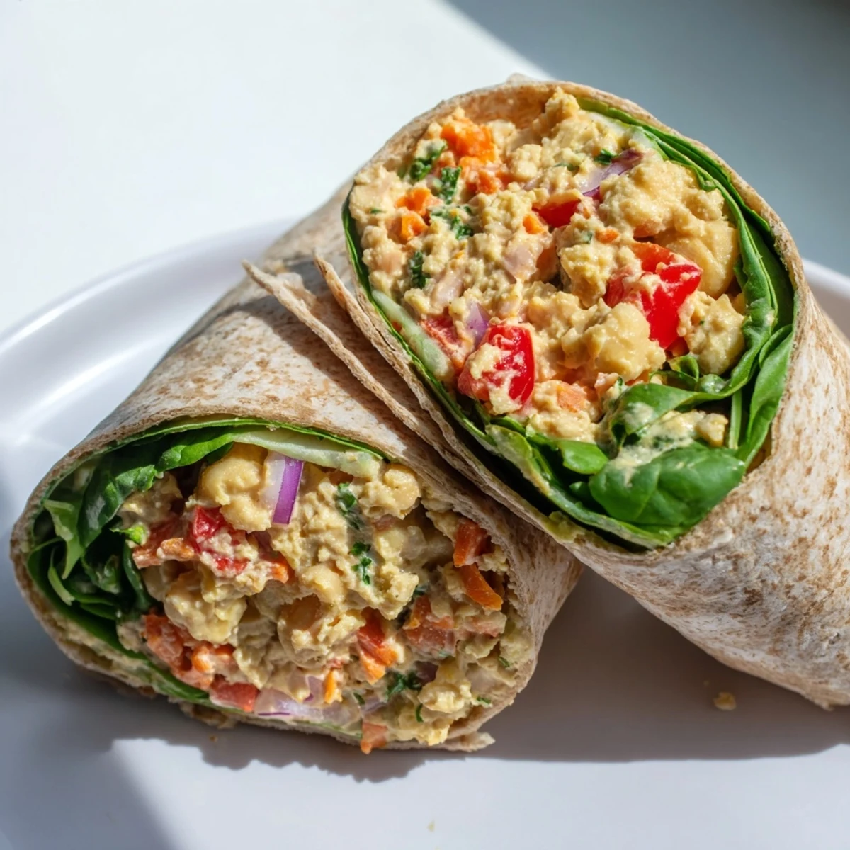 Creamy chickpea salad wraps loaded with fresh veggies, perfect for a quick and healthy lunch.