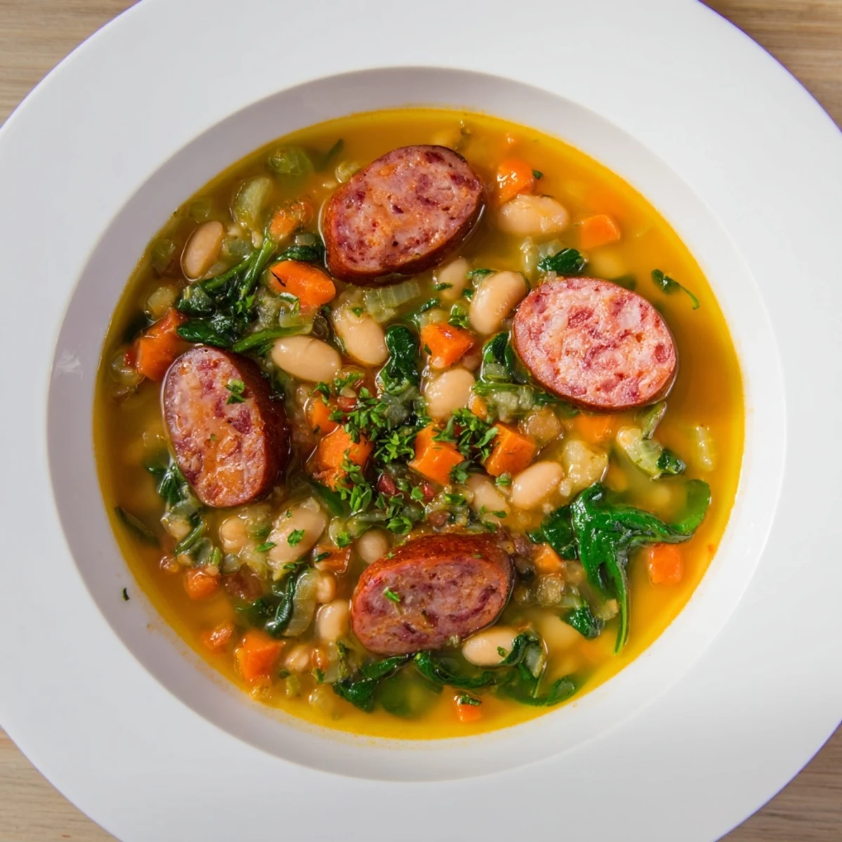 A steaming bowl of Simple Sausage and White Bean Soup with visible sausage pieces and vegetables, perfect for dinner.