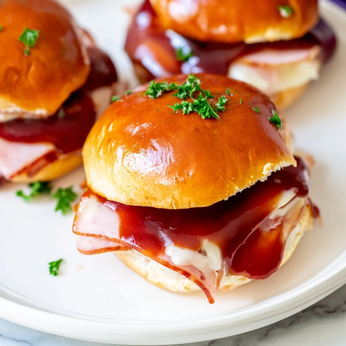 Cherry-Glazed Ham and Cheese Slider mashup, golden-brown and glistening with sweet cherry glaze, ready to serve.