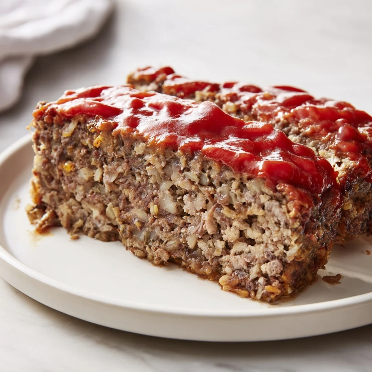 A hearty, baked Stove Top Stuffing Meatloaf Hack, glistening with a savory ketchup glaze, ready to serve.