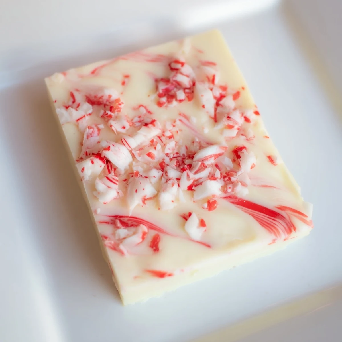 Festive White Chocolate Peppermint Bark Fudge squares, swirled with peppermint, awaiting a sweet bite.