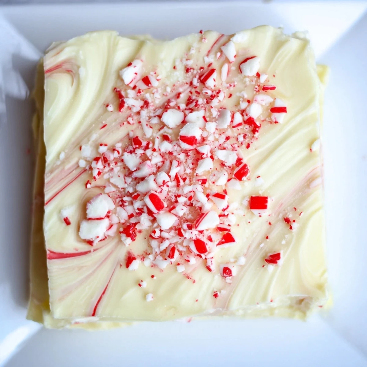 A close-up of indulgent White Chocolate Peppermint Bark Fudge, a perfect homemade sweet treat sensation.