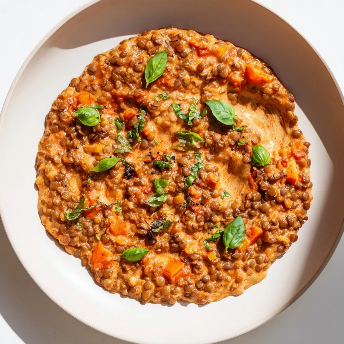 Creamy Tomato Basil Lentil Bolognese, bubbling away, promises a rich, aromatic vegan pasta topping.