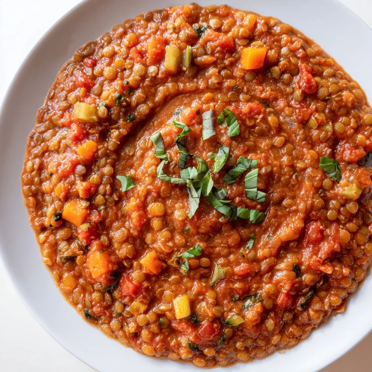 A steaming bowl of Creamy Tomato Basil Lentil Bolognese, glistening with fresh basil and perfect for pasta.