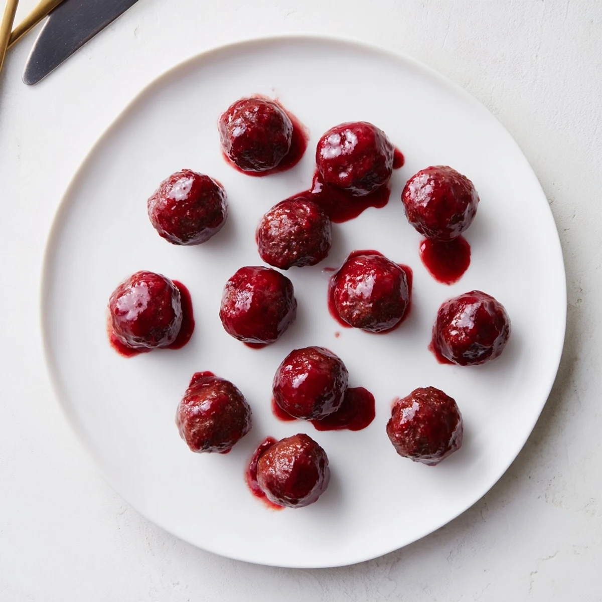 Close-up of tender, juicy cherry-glazed meatballs, ready to be enjoyed as a crowd-pleasing appetizer.