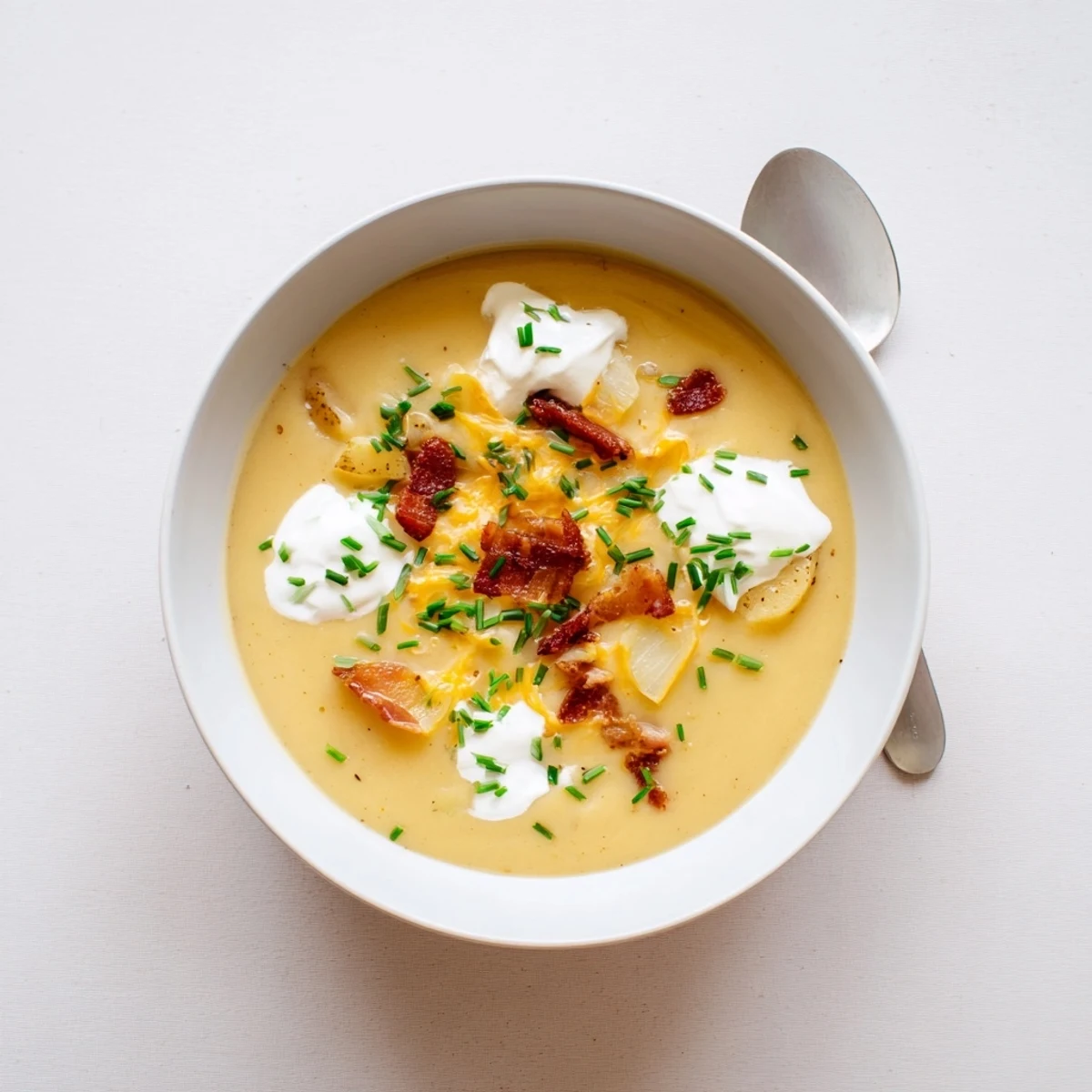A steaming bowl of The Ultimate Baked Potato Soup, creamy and garnished with chives and bacon bits.