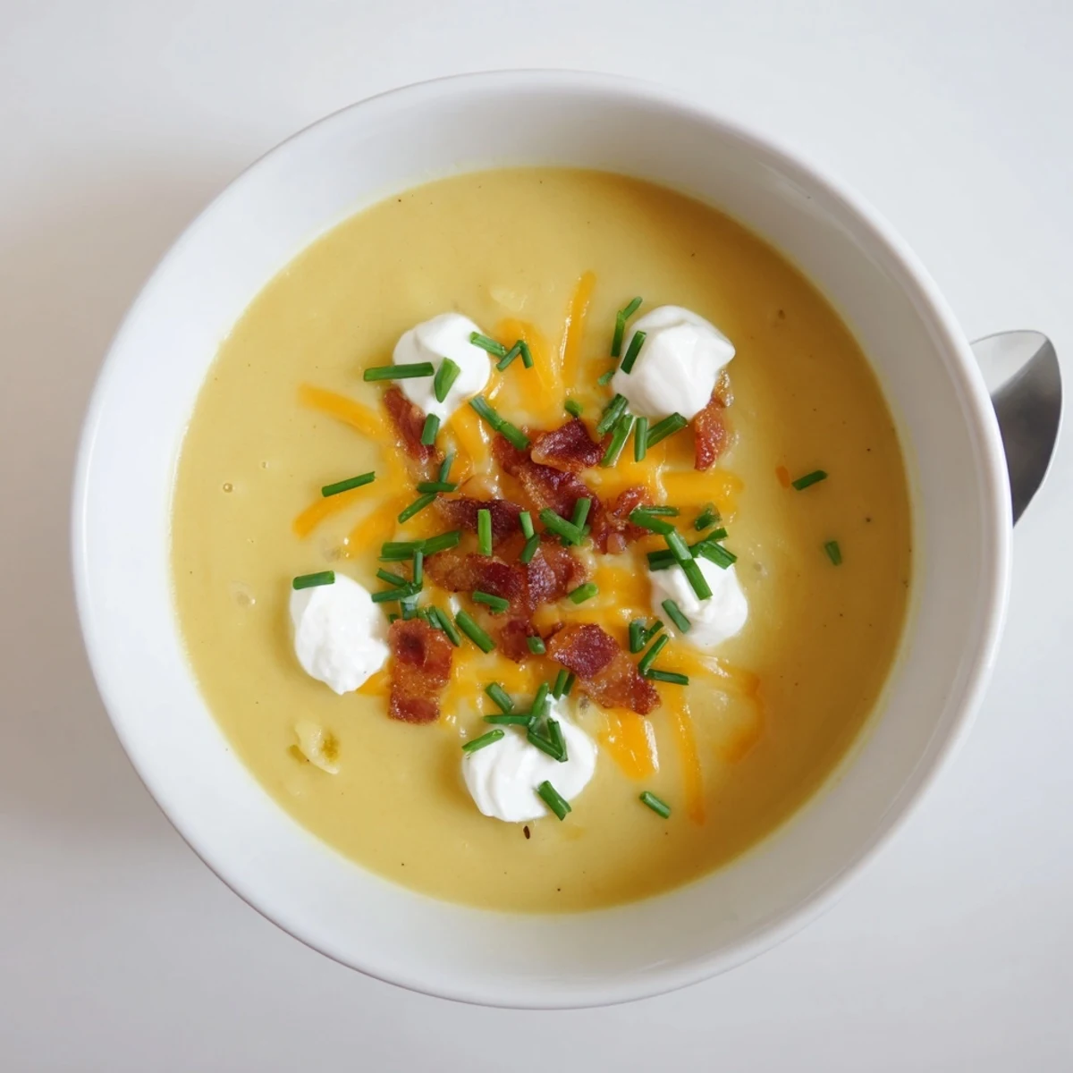 This comforting Baked Potato Soup shows off creamy texture with melted cheese and fresh toppings.