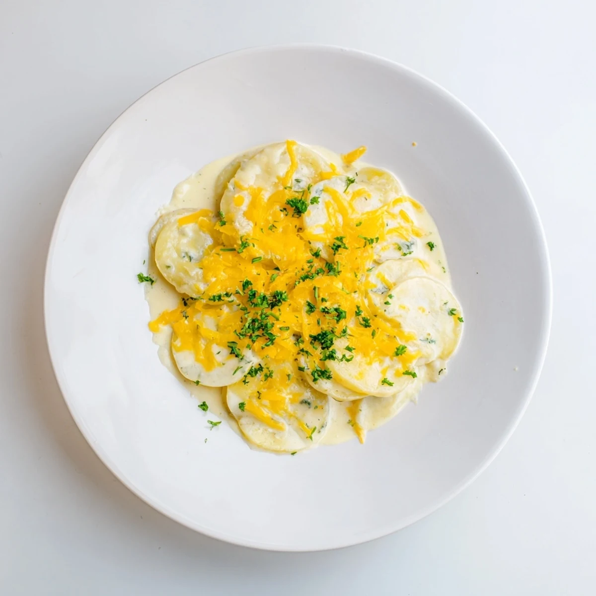 Golden-brown Cheesy Scalloped Potatoes bubbling from the oven, offering a comforting side dish.