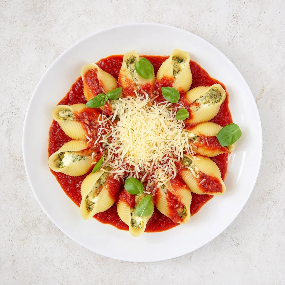 Delicious Pesto and Ricotta Stuffed Shells sit in marinara, garnished with fresh basil, ready to serve for dinner.
