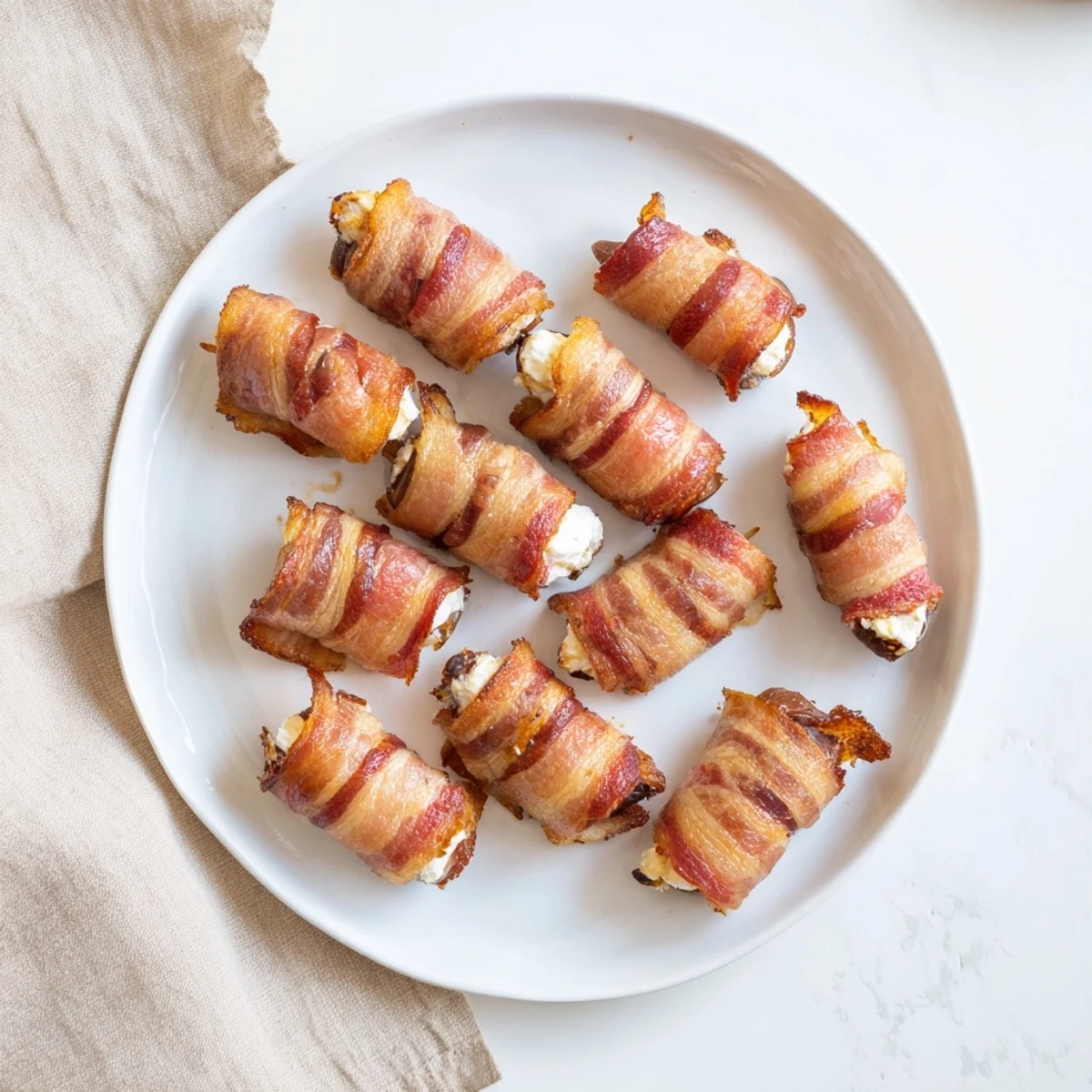Crispy bacon-wrapped dates stuffed with creamy goat cheese, ready to enjoy as an appetizer.
