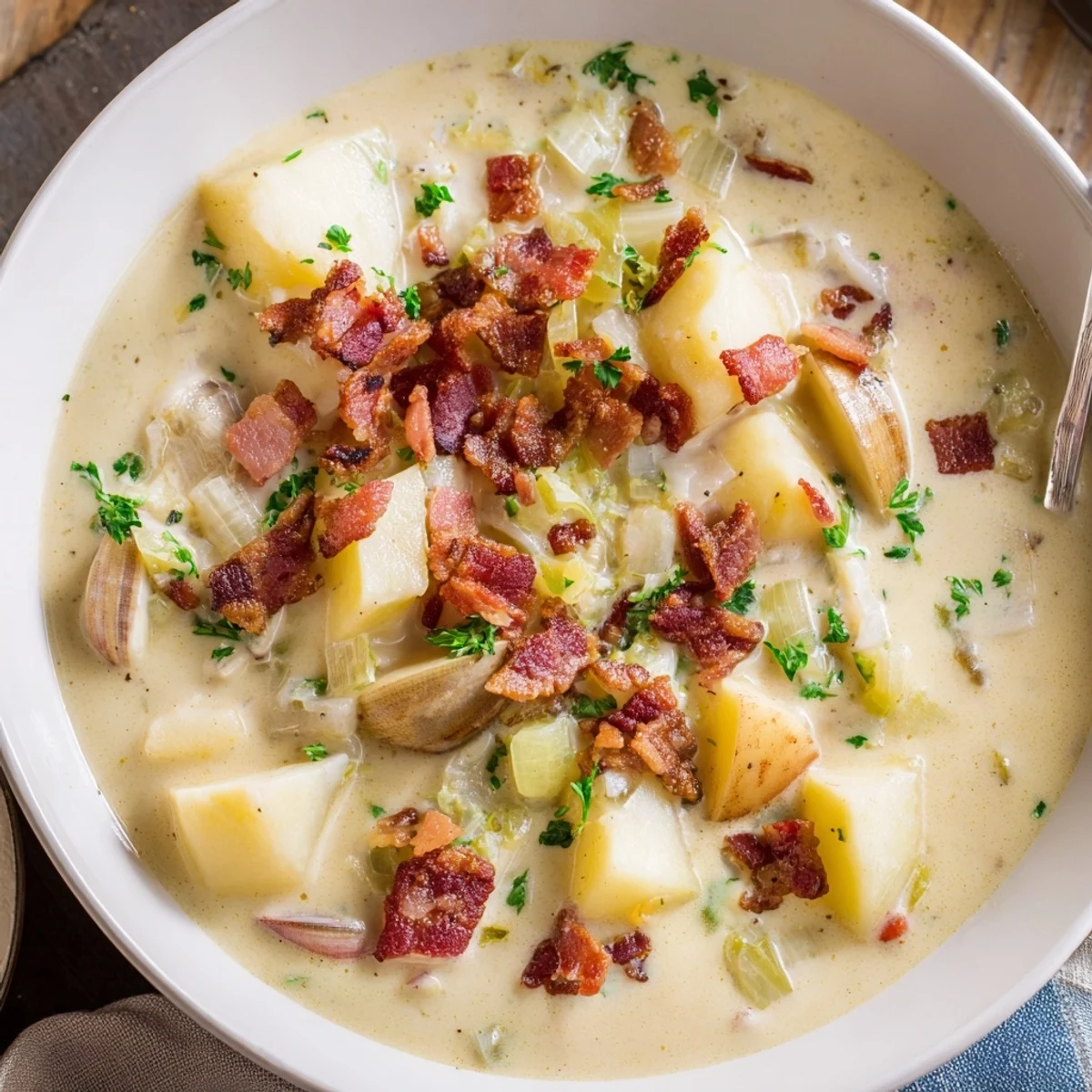 Creamy and comforting New England clam chowder, perfectly garnished with crispy bacon and fresh parsley.