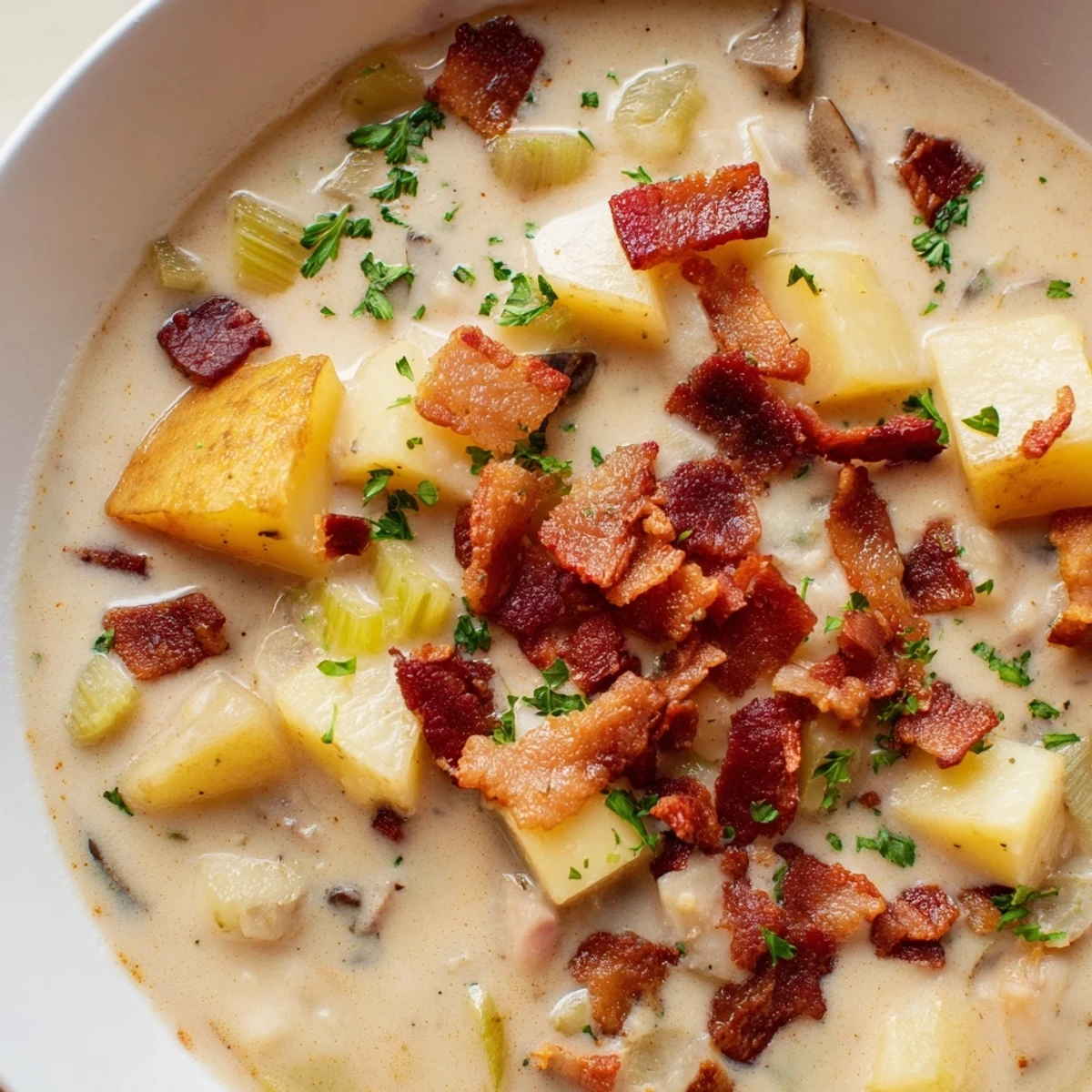 Close-up of a flavorful, classic New England Clam Chowder, served with oyster crackers on the side.