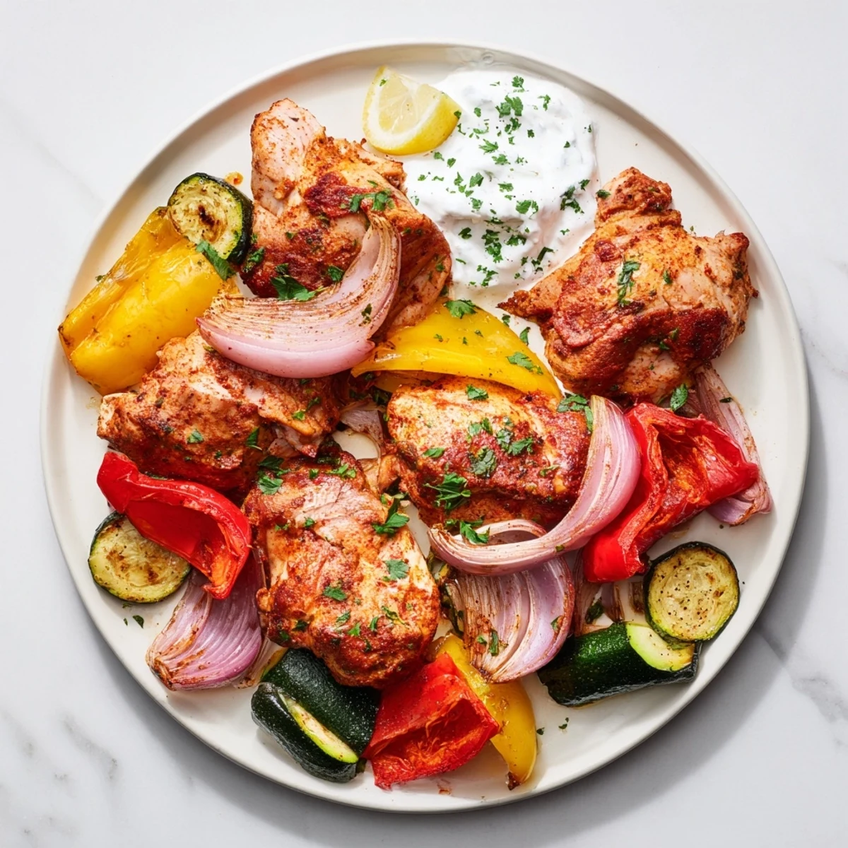 Sheet Pan Chicken Shawarma, golden chicken and roasted vegetables served with warm pita bread.