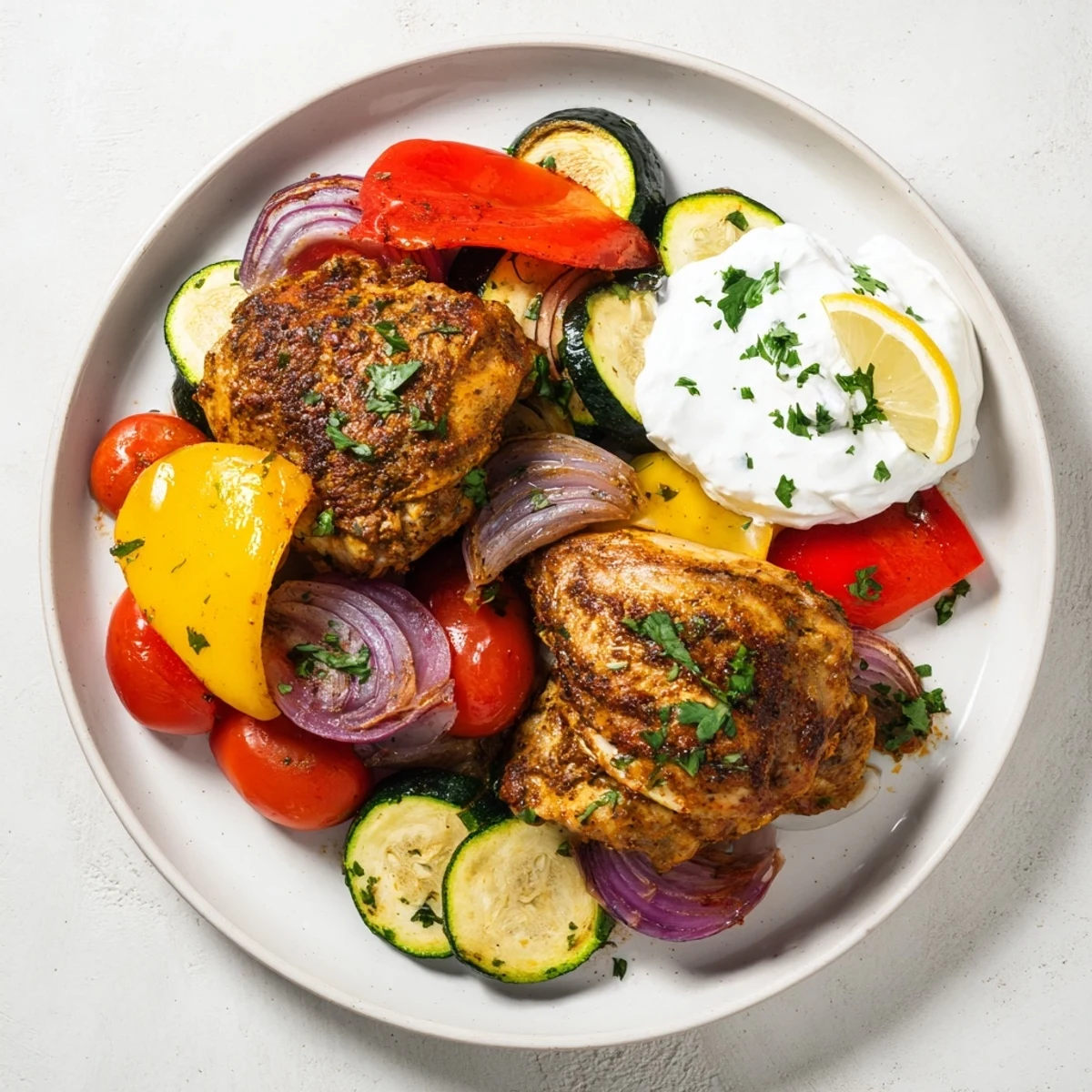 Vibrant Sheet Pan Chicken Shawarma with colorful bell peppers, juicy tomatoes, and a dollop of creamy yogurt.