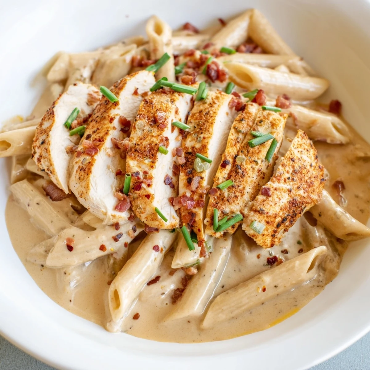 Golden, pan-fried Southern Style Creamy Parmesan Chicken Pasta, with rich sauce and fresh herbs, ready to serve.