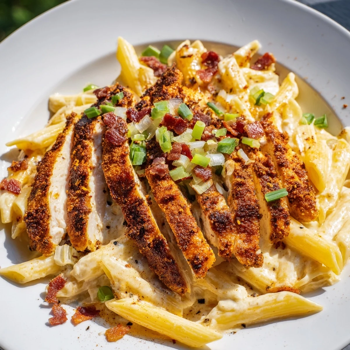 Savory Southern Style Creamy Parmesan Chicken Pasta, featuring sliced chicken atop perfectly coated pasta, ready for dinner tonight.