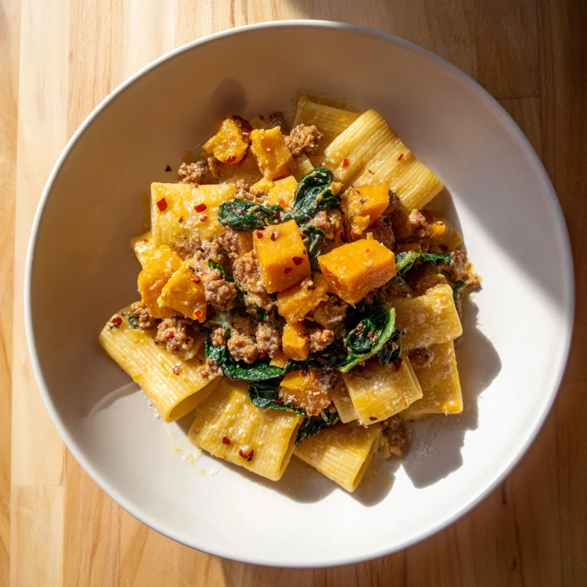 Warm bowl of creamy Rigatoni with butternut squash, sausage and a creamy, delicious sauce, ready to serve.