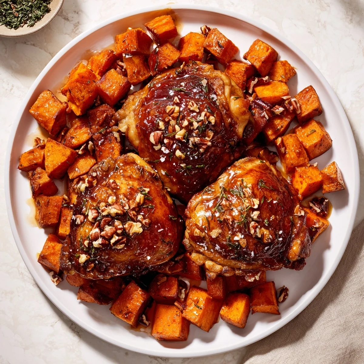 Golden glazed maple chicken thighs with tender sweet potatoes, perfect for a flavorful weeknight meal.