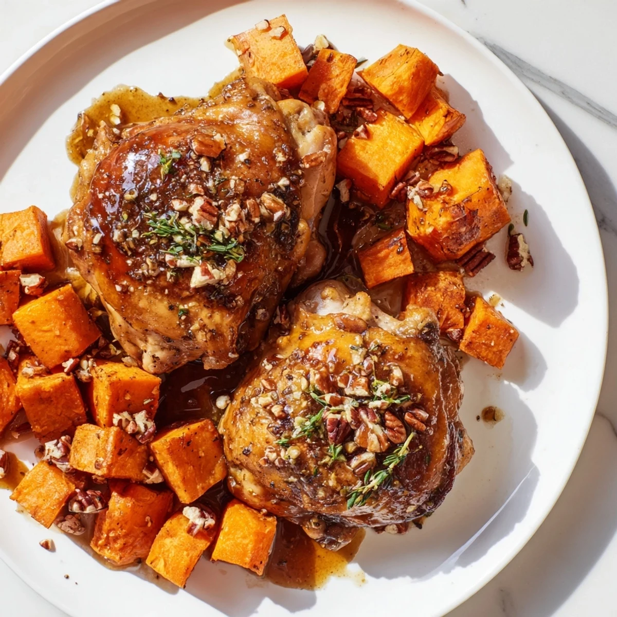 Juicy maple glazed chicken, glistening with a rich glaze, alongside caramelized sweet potatoes, ready to be devoured.
