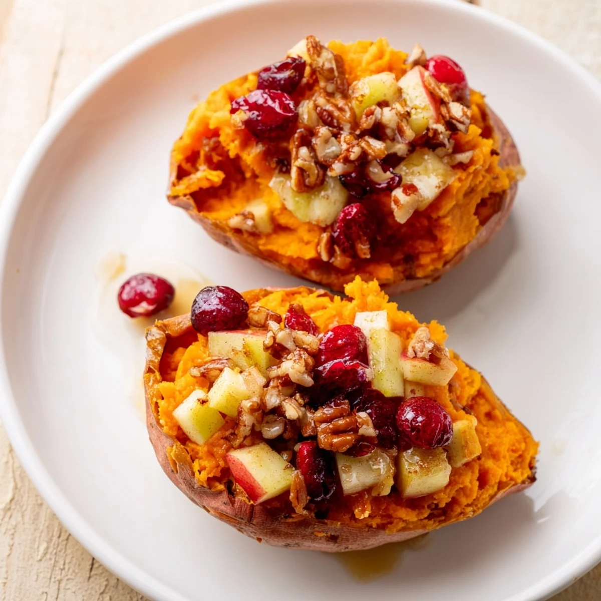 A close-up of steaming Cranberry Apple Twice-Baked Sweet Potatoes, topped with pecans and maple syrup.