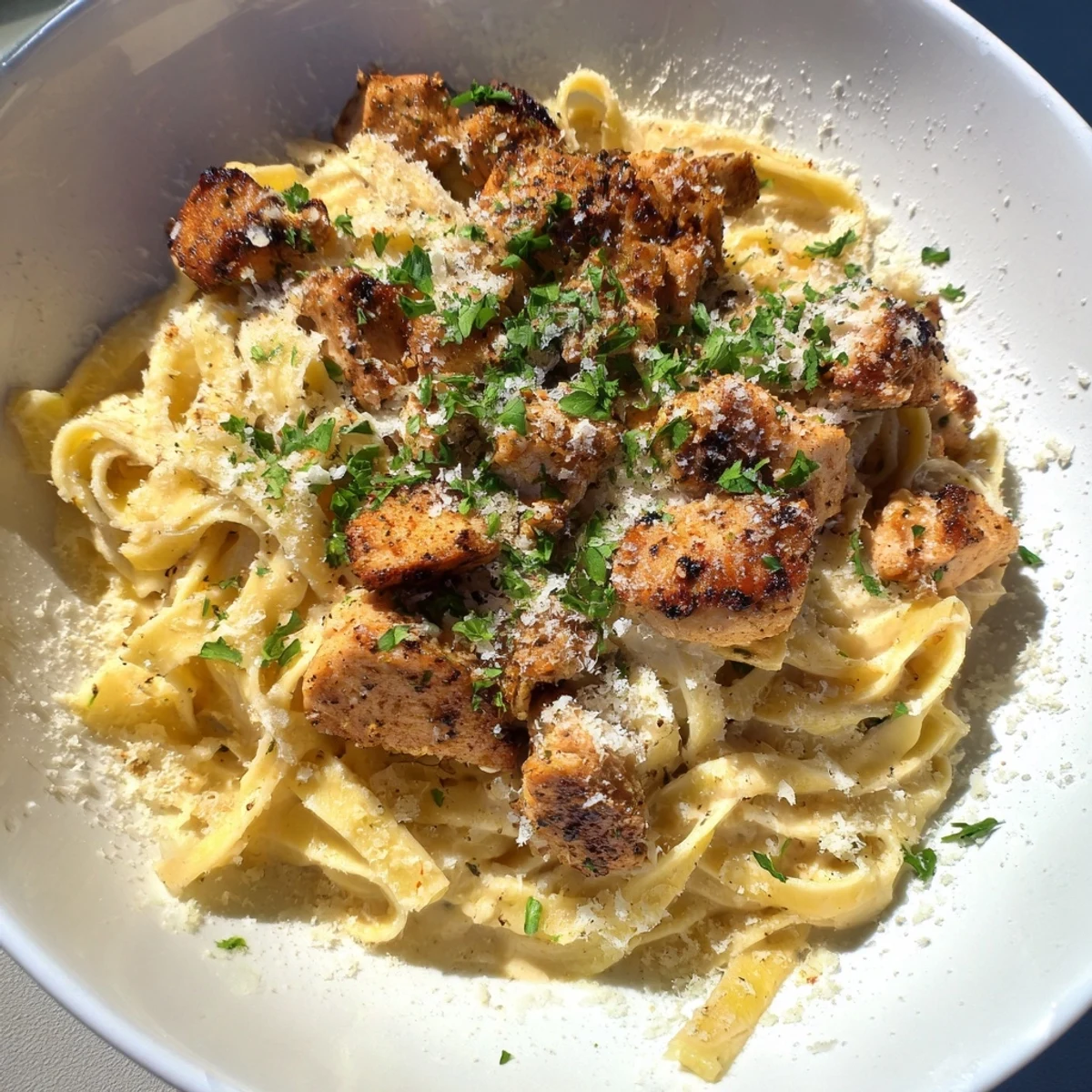 A flavorful close-up of Cowboy Butter Chicken Pasta, pasta coated in a creamy, spice-infused sauce.