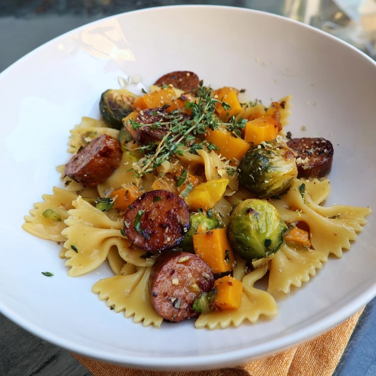 Golden light bathes the Autumn Sausage Pasta Squash, showing tender squash and browned sausage.