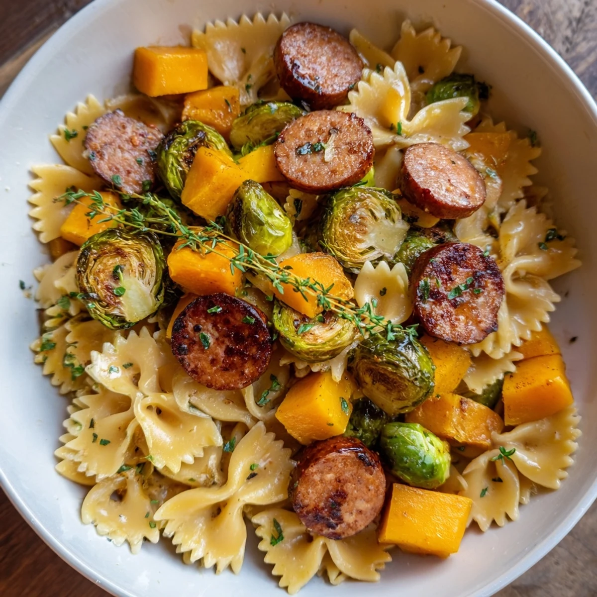 A close-up of the finished Autumn Sausage Pasta Squash, overflowing with roasted vegetables and sausage.