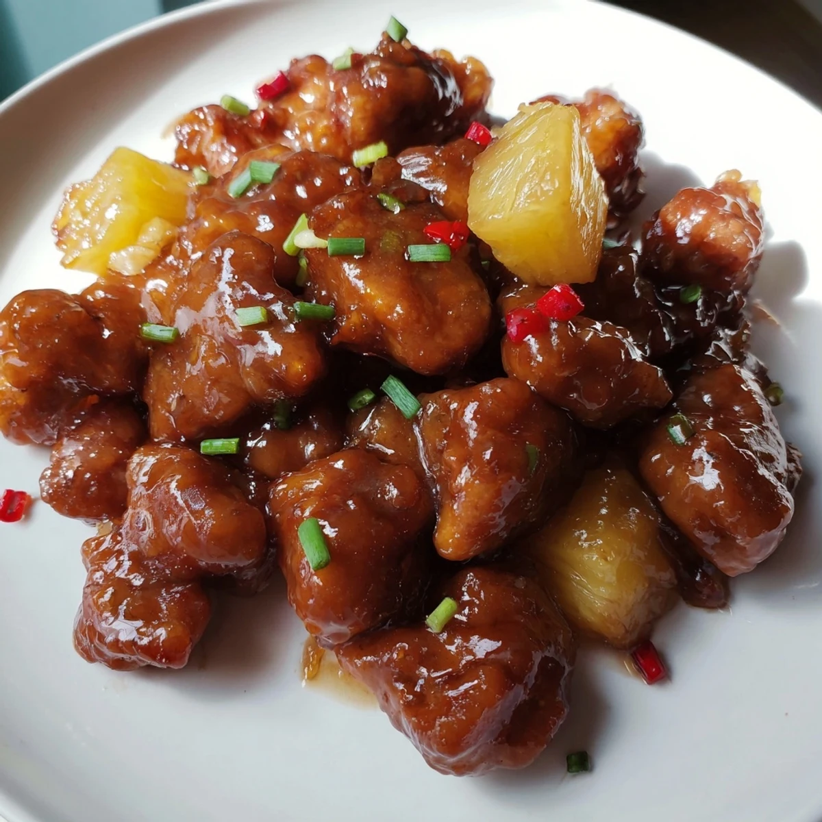 Brown Sugar Pineapple Chicken with glistening glaze and fluffy pineapples looks delicious.
