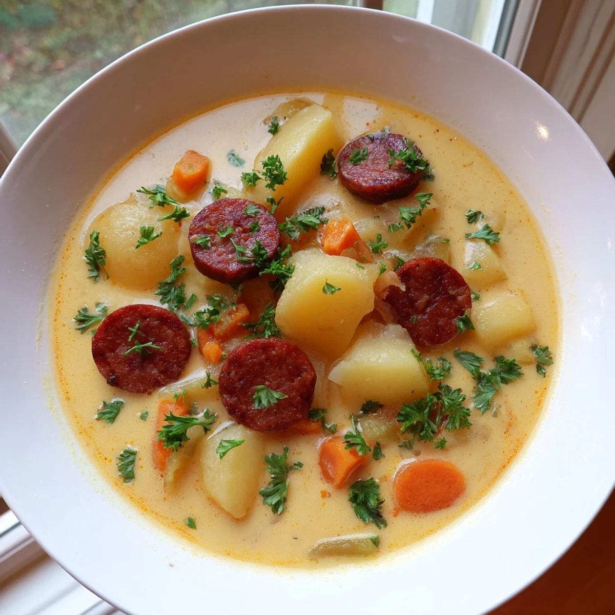 Creamy Chorizo Potato Soup: steaming bowl of hearty soup, garnished with fresh parsley and ready to eat.
