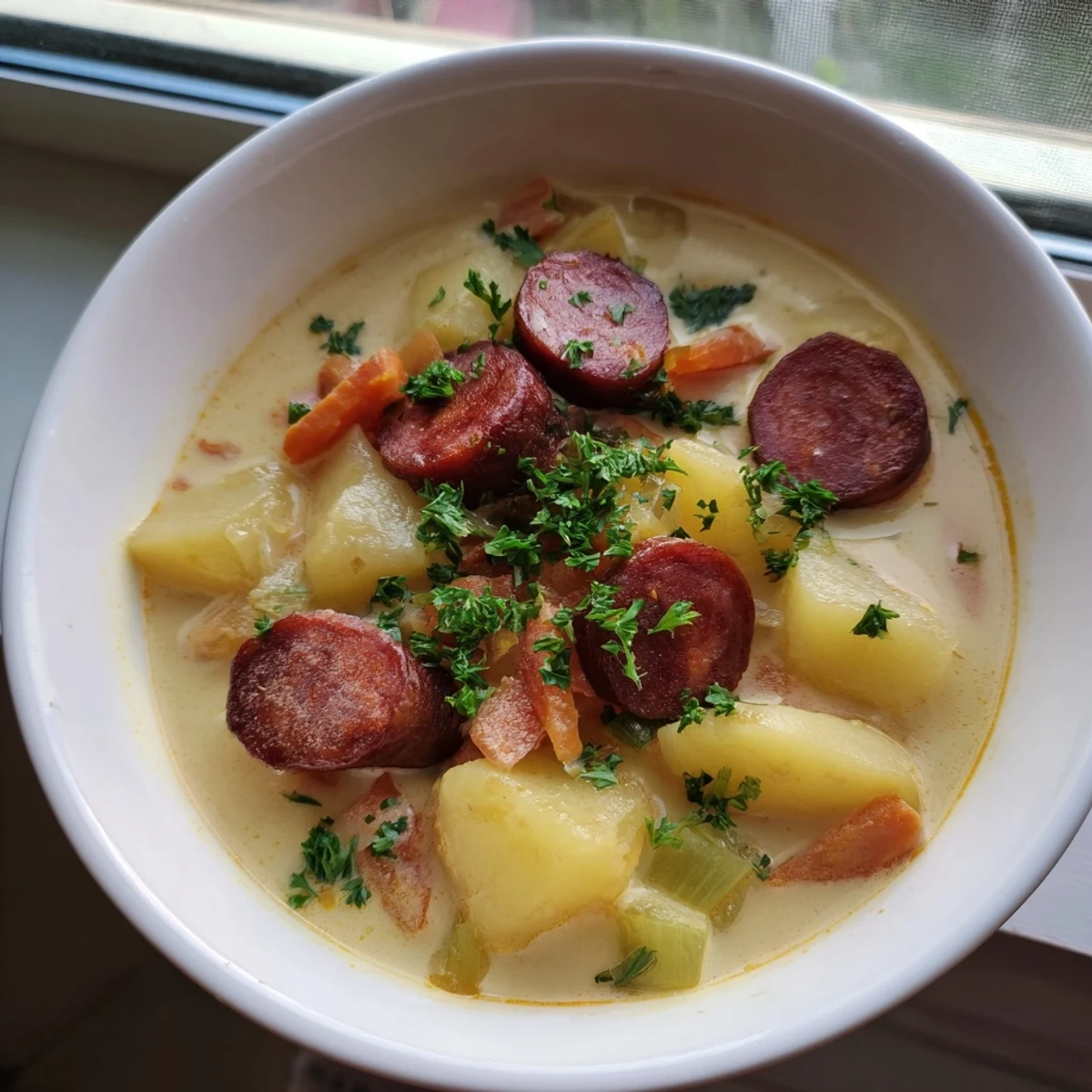 Spoonful of rich and flavorful Creamy Chorizo Potato Soup, showcasing the tender potatoes and spicy chorizo.