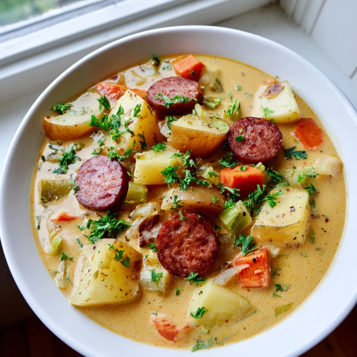 Close-up of Creamy Chorizo Potato Soup, a comforting Spanish-inspired soup perfect for a chilly evening meal.