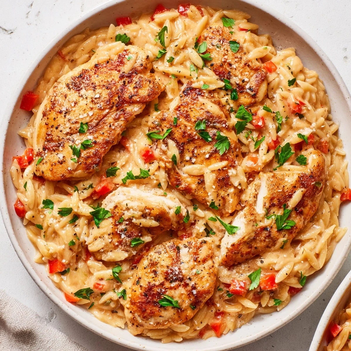 One-Pot Cajun Chicken Alfredo Orzo, a creamy orzo dish topped with fresh parsley.