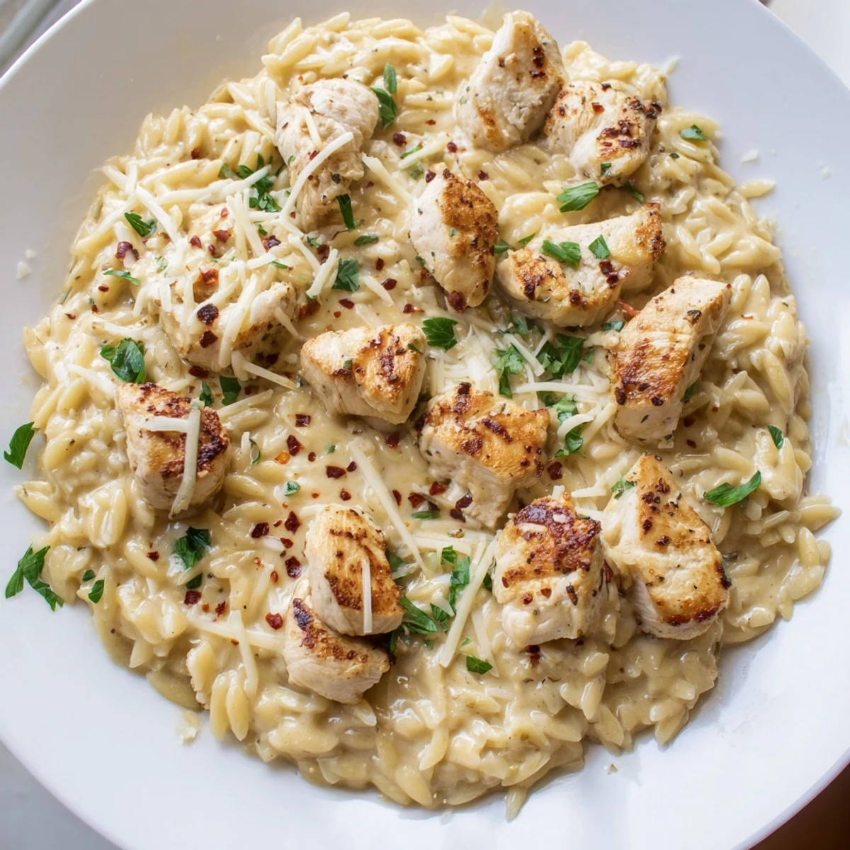 Golden-brown chicken and orzo pasta in this vibrant One-Pot Cajun Chicken Alfredo dish.