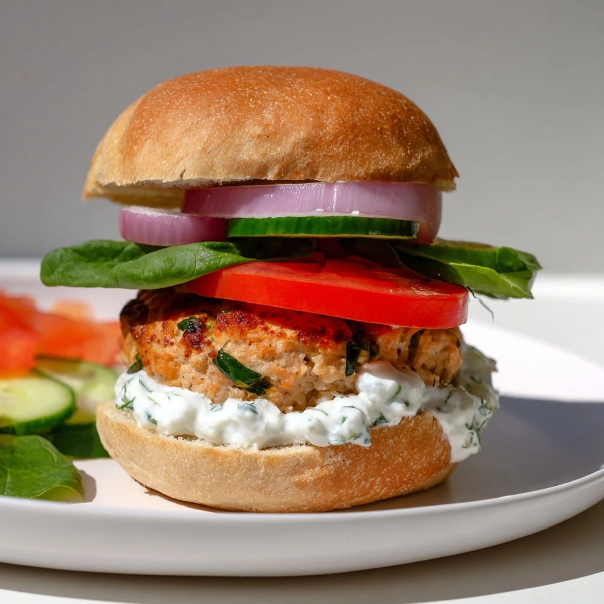 Golden-brown Healthy Baked Chicken Sliders with fresh veggies and a creamy yogurt sauce, delicious!