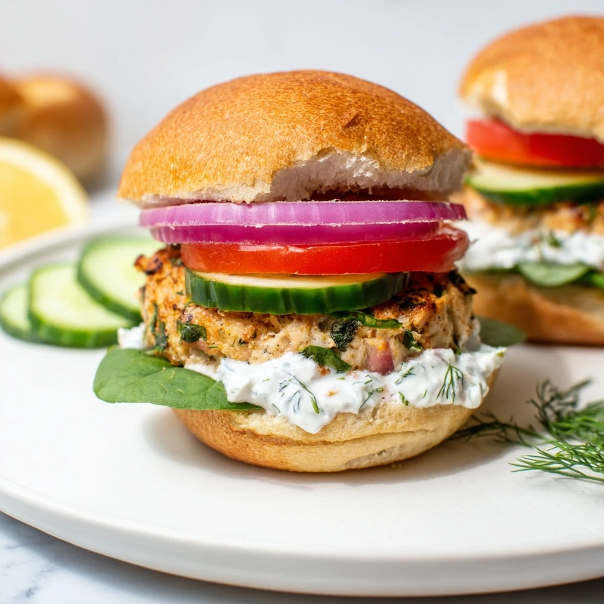 A plate of flavorful Healthy Baked Chicken Sliders, stacked high with fresh, colorful toppings, yum!