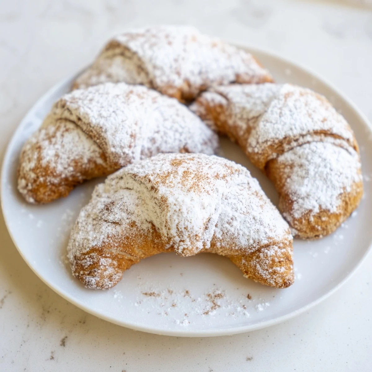 Golden-brown Quick Christmas Cookie Croissants, perfectly crescent-shaped, dusted with sweet, snowy powdered sugar.