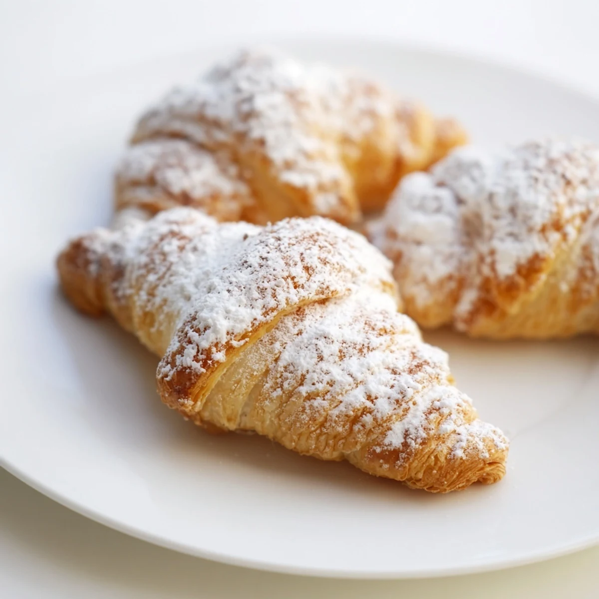 A close-up of delicate Quick Christmas Cookie Croissants, showing the fine buttery layers and hinting at deliciousness.