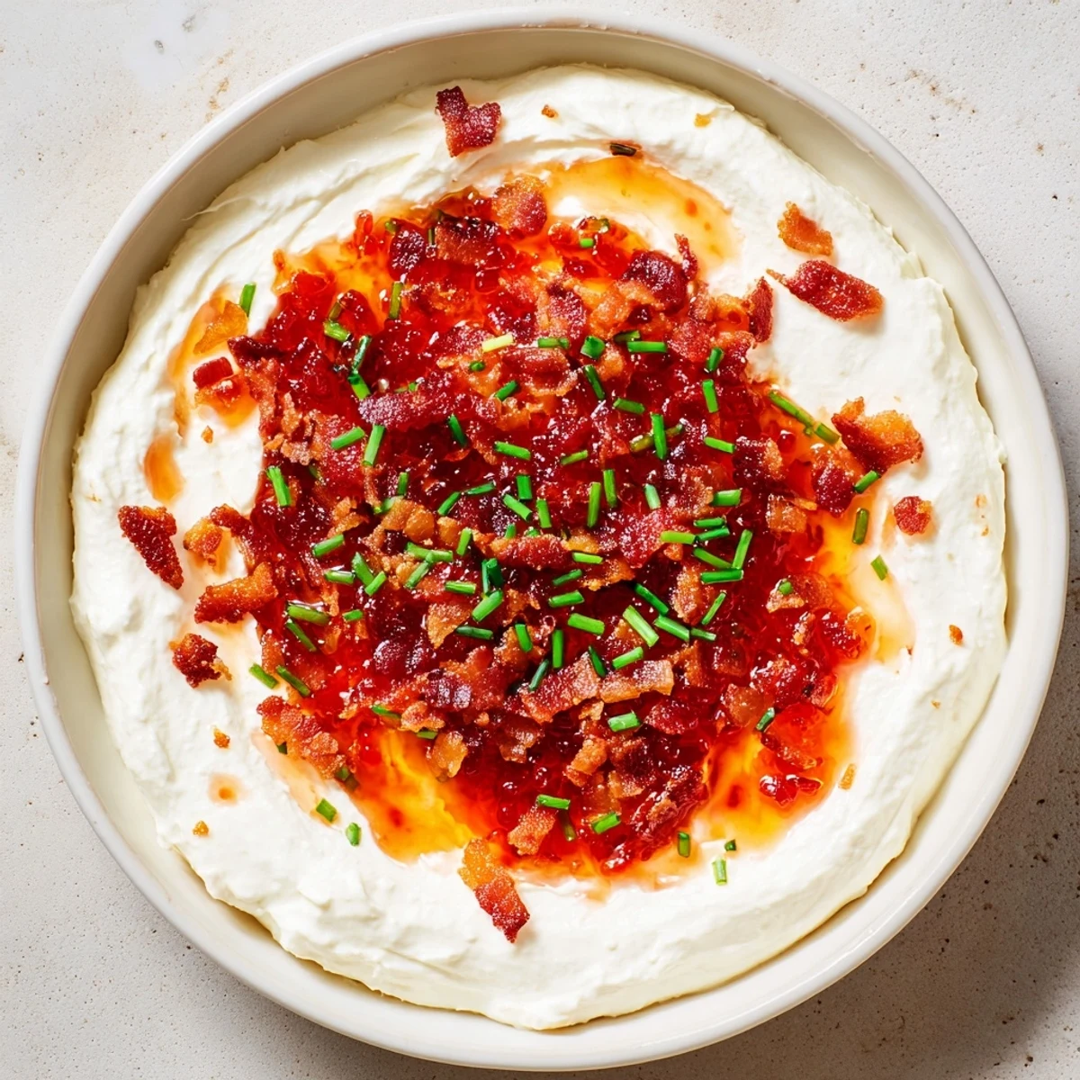 Delicious easy bacon pepper jelly appetizer with crispy bacon crumbles atop cream cheese and sweet jelly.