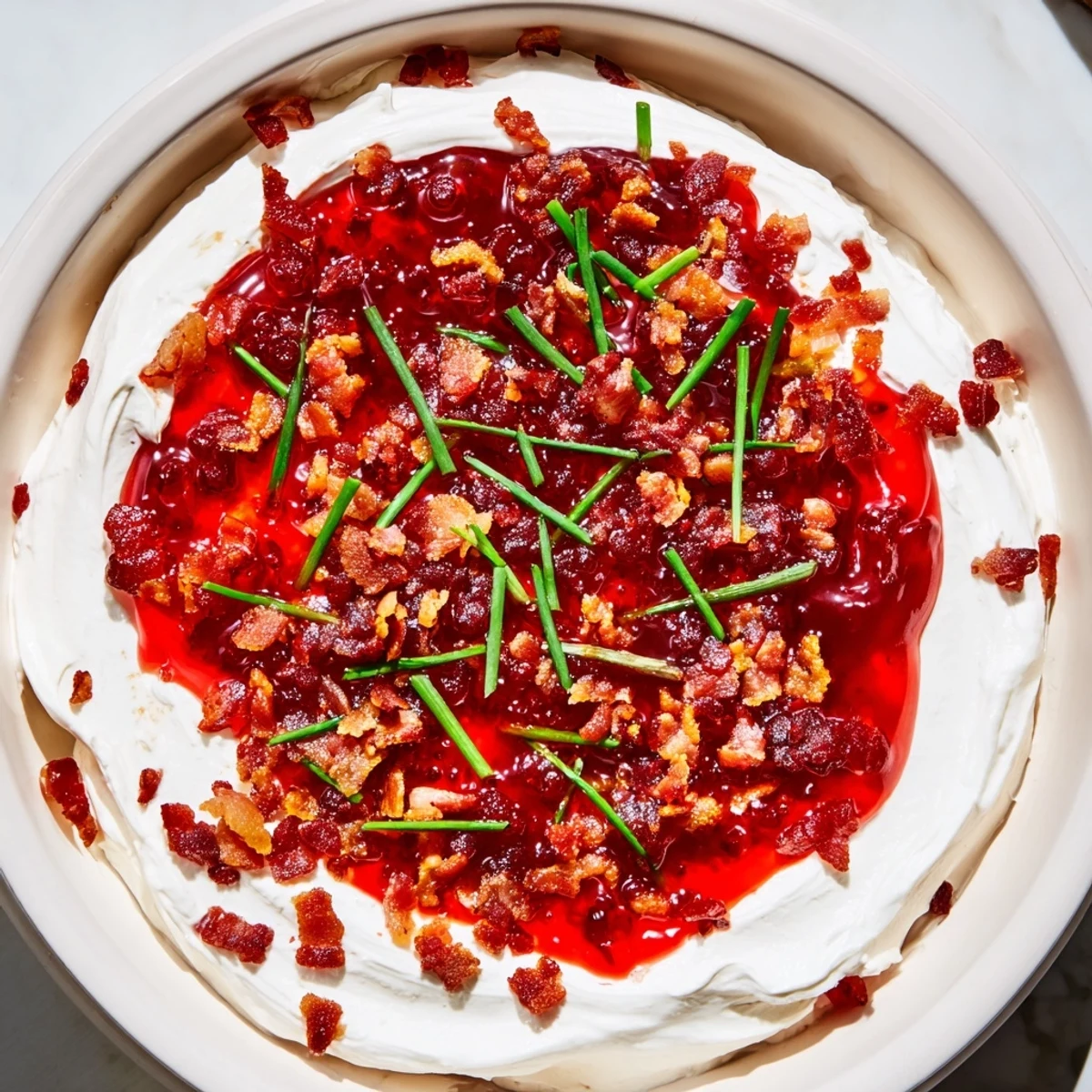 A vibrant close-up shows the bacon pepper jelly appetizer served with crackers, ready to eat.