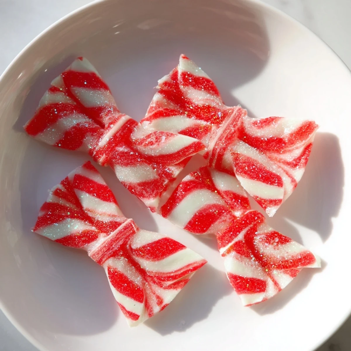 Warm, melted Express Peppermint Candy Bows, perfect holiday decorations with a delicious crunchy flavor.
