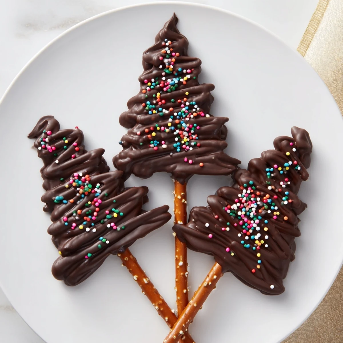 Colorful sprinkles adorn freshly made Express Chocolate Christmas Trees, perfect for a holiday dessert spread.