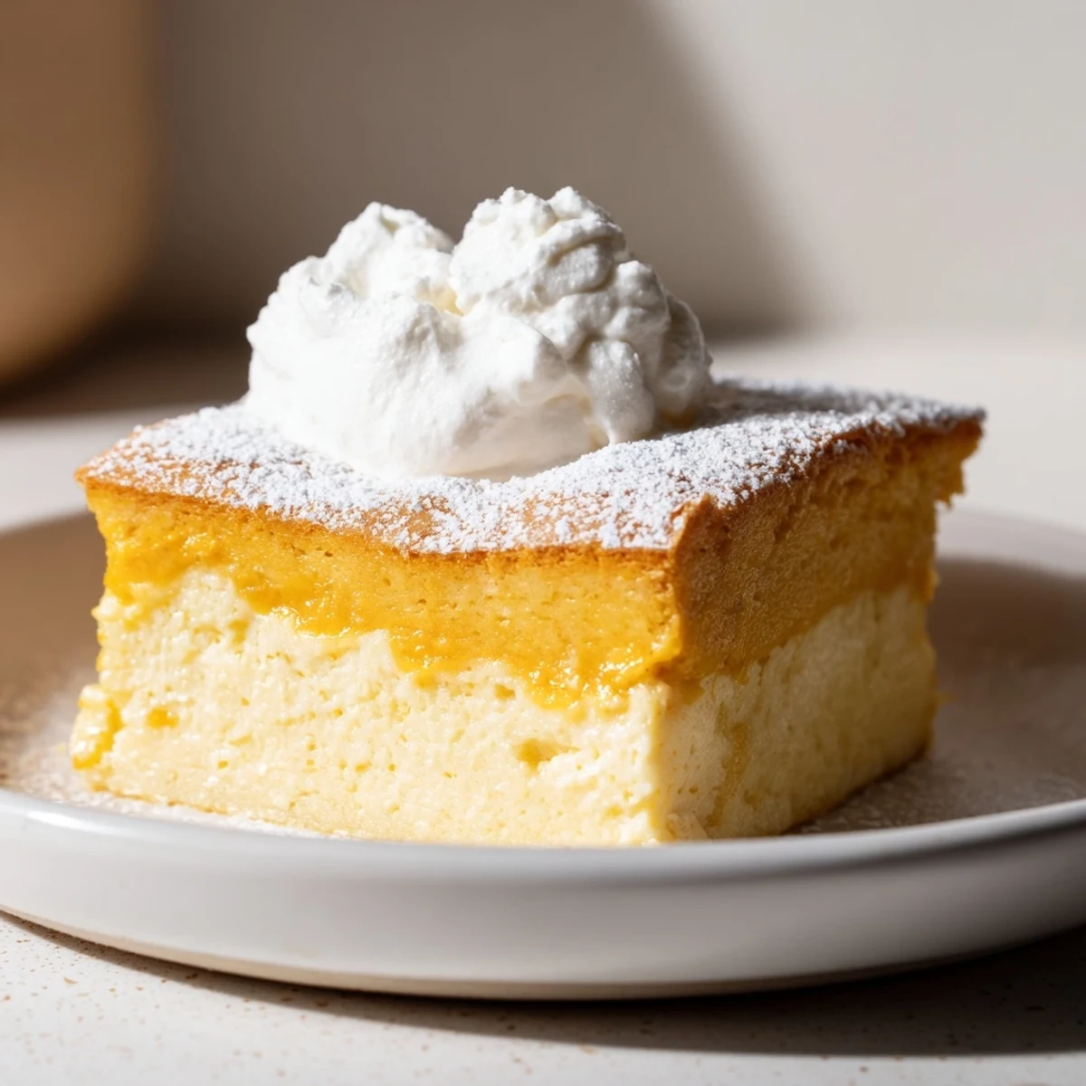 Warm, spiced pumpkin magic cake slice, dusted with powdered sugar, ready to savor.