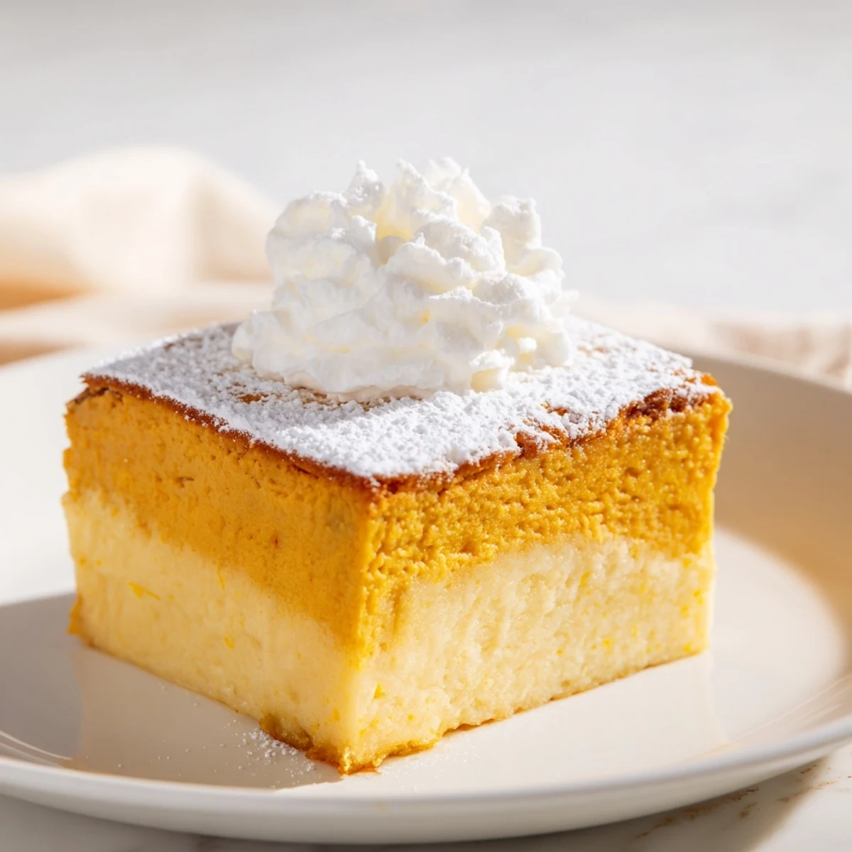 Homemade pumpkin magic cake with a golden crust and a soft, custard-like interior ready to eat.