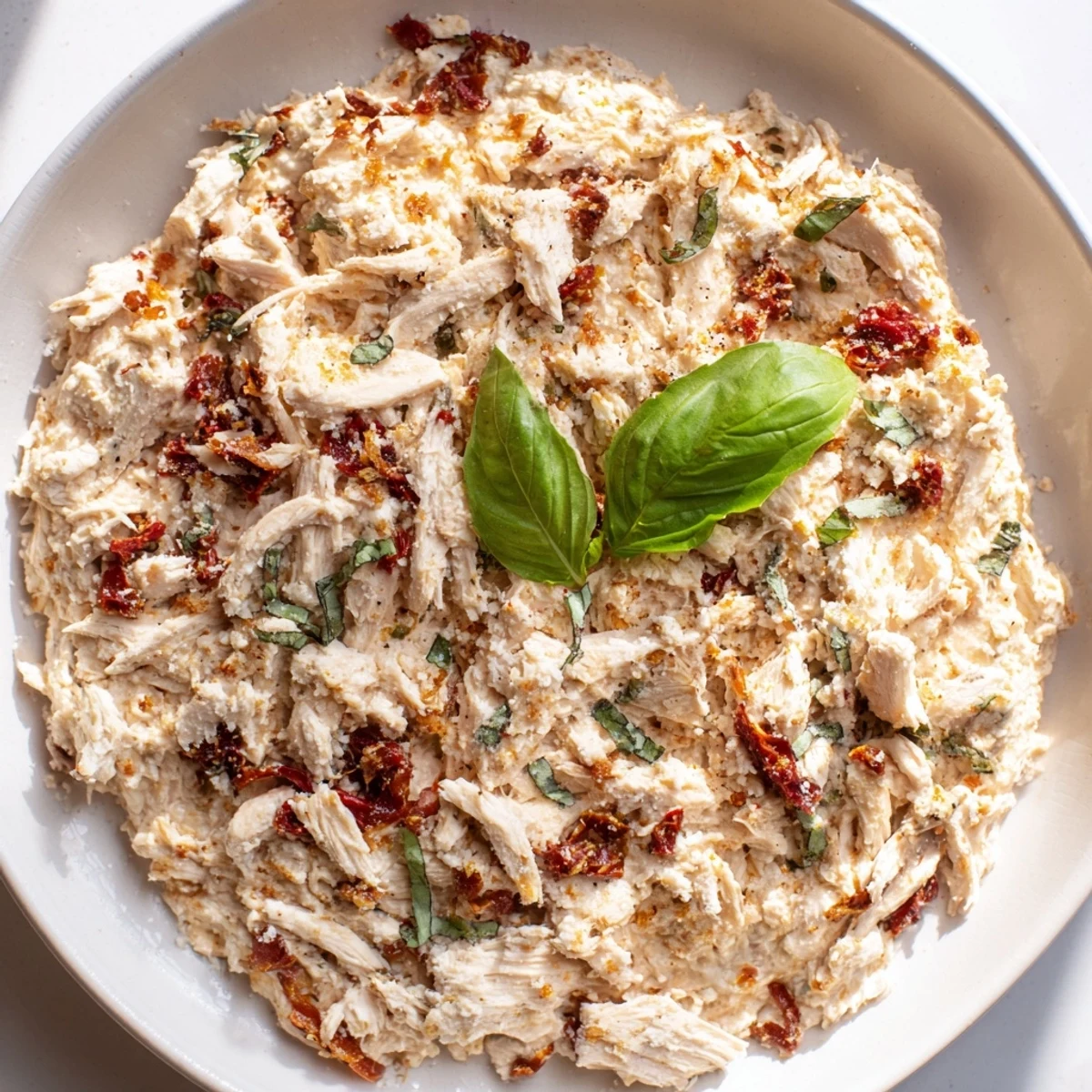 Warm and savory Lightened Marry Me Chicken Dip, featuring visible sun-dried tomatoes and shredded chicken pieces.