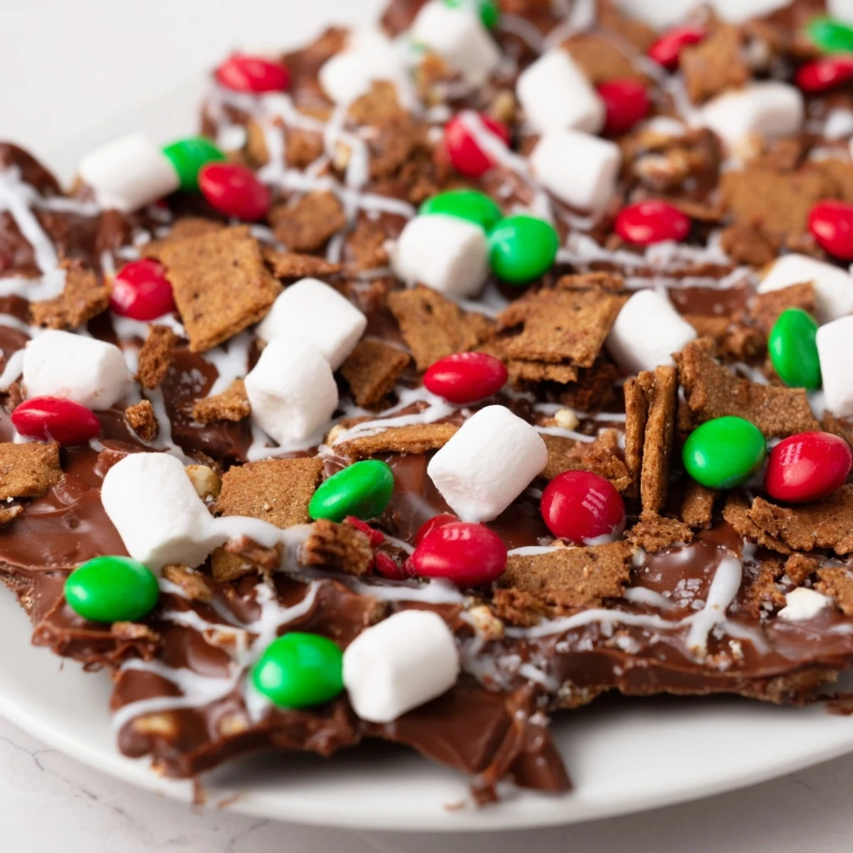 Quick Christmas Smores Bark: Melted chocolate covered in graham crackers, marshmallows, and festive sprinkles for a holiday treat.