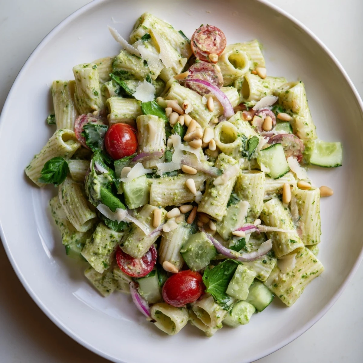 Caesar Pesto Ditalini Salad, tossed with vibrant vegetables, offers a burst of Italian-American flavors.