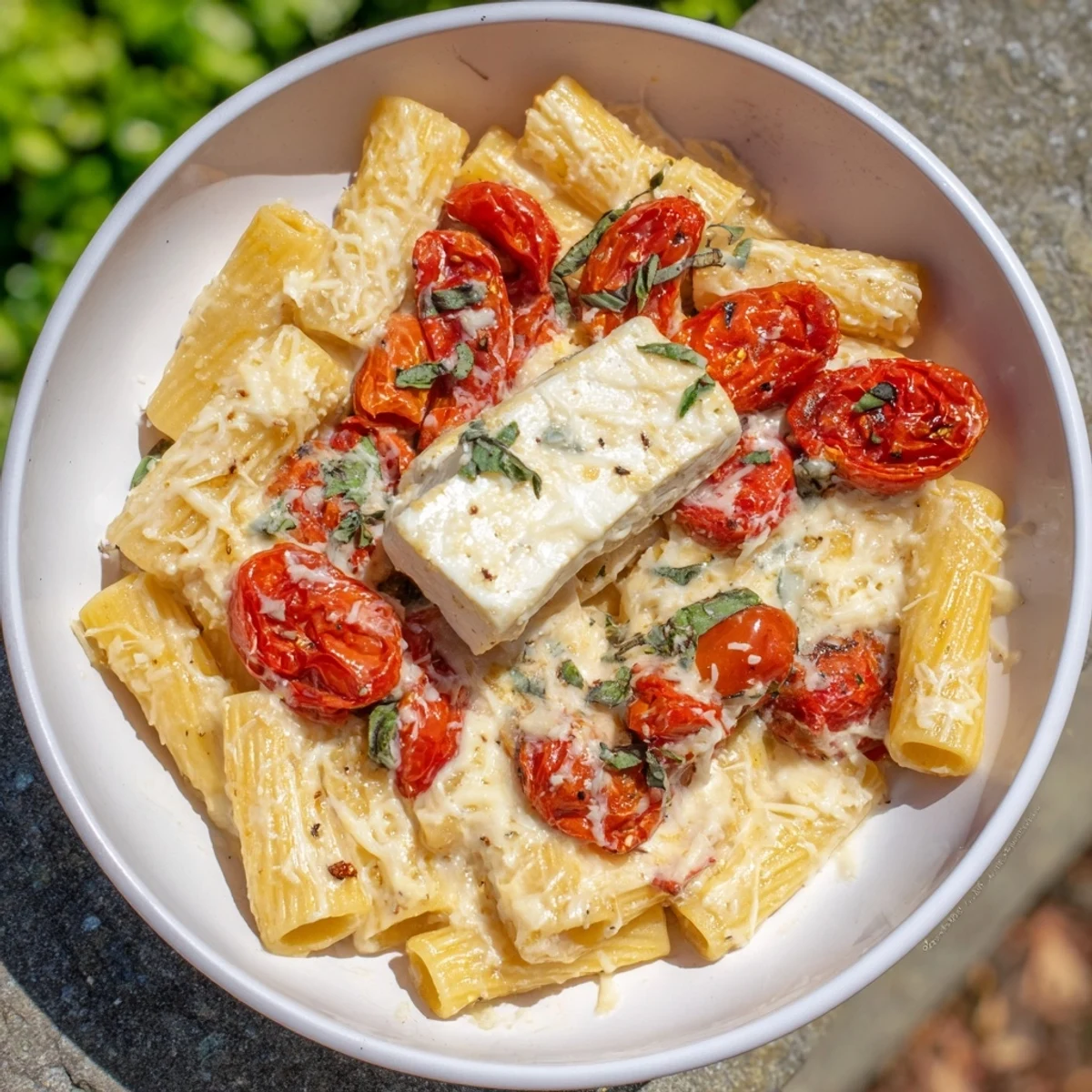 Four-Cheese Baked Block Pasta with melted, bubbly cheese and tender tomatoes, perfect for dinner.