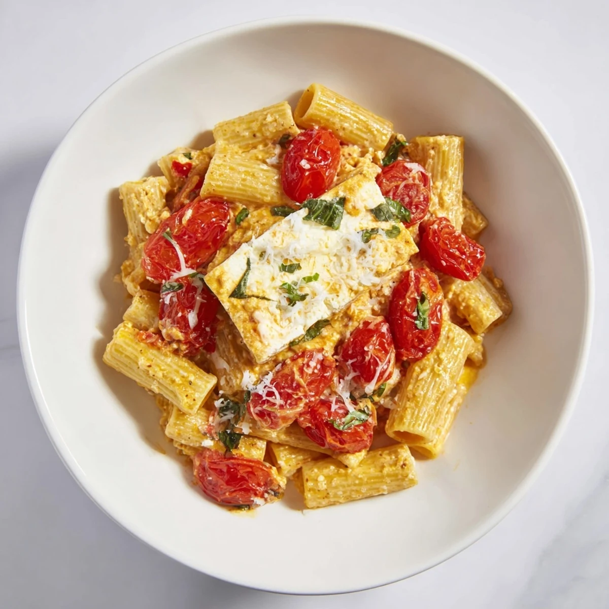 A close-up of creamy Four-Cheese Baked Block Pasta, a comforting vegetarian Italian dish.
