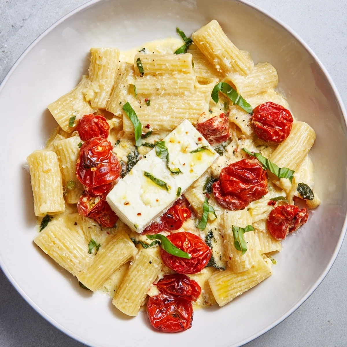 Golden-baked Four-Cheese Block Pasta combined with basil, a flavorful, cheesy vegetarian meal.